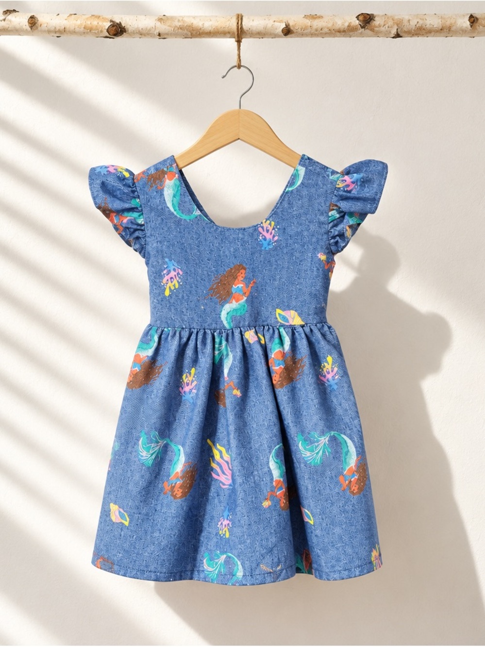 Disney Girls Blue Mermaid Print Dress with Flutter Sleeves